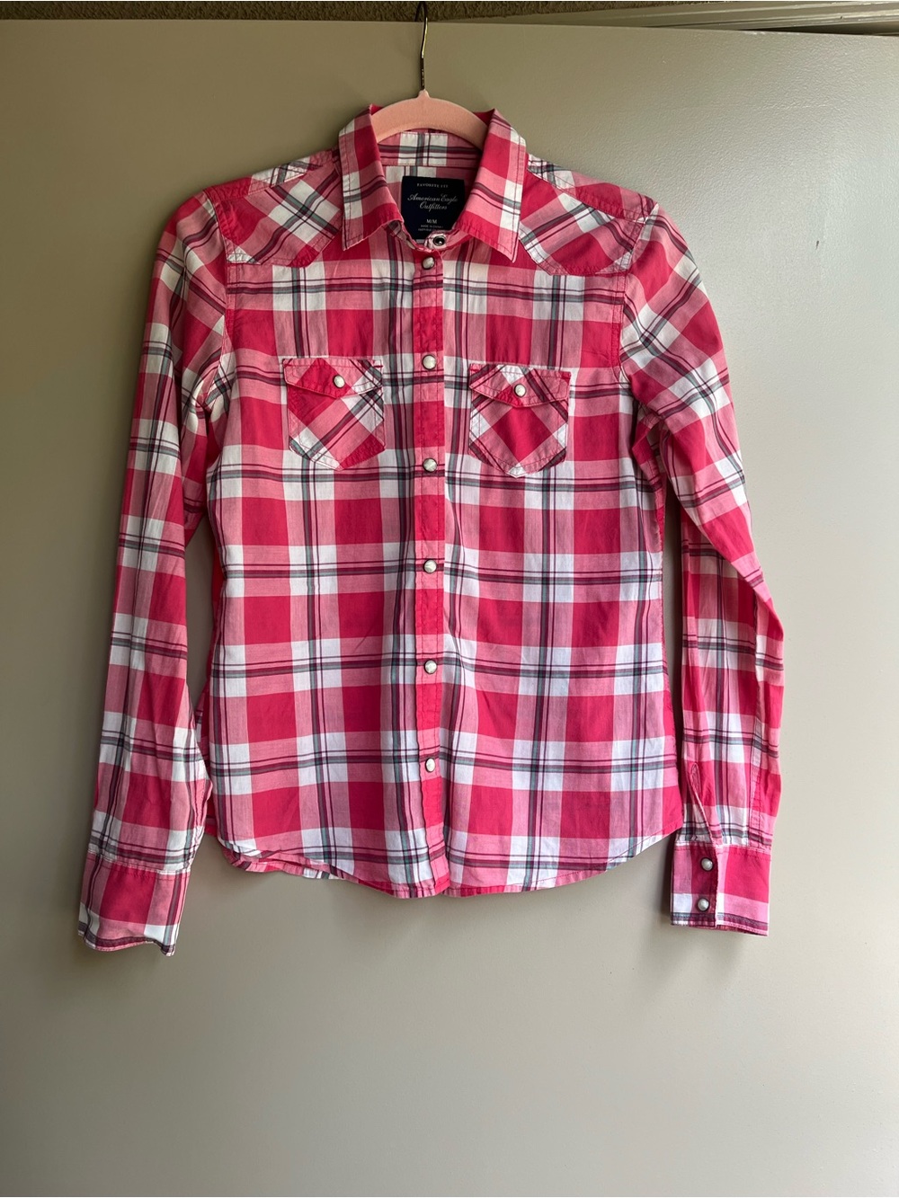 American Eagle Outfitters Pink and White Plaid Button-Down Shirt
